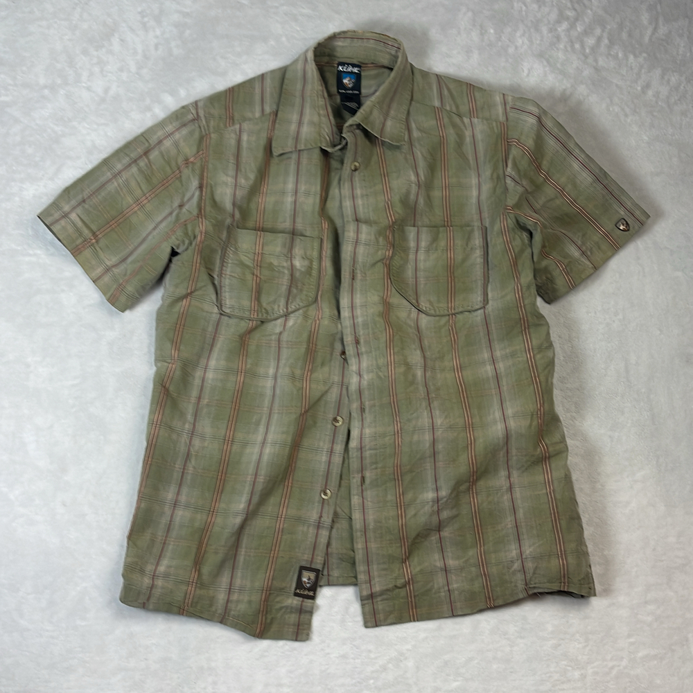 Kuhl Men's Button-Up Shirt Green Size M Striped Short Sleeve Hiking Gorpcore